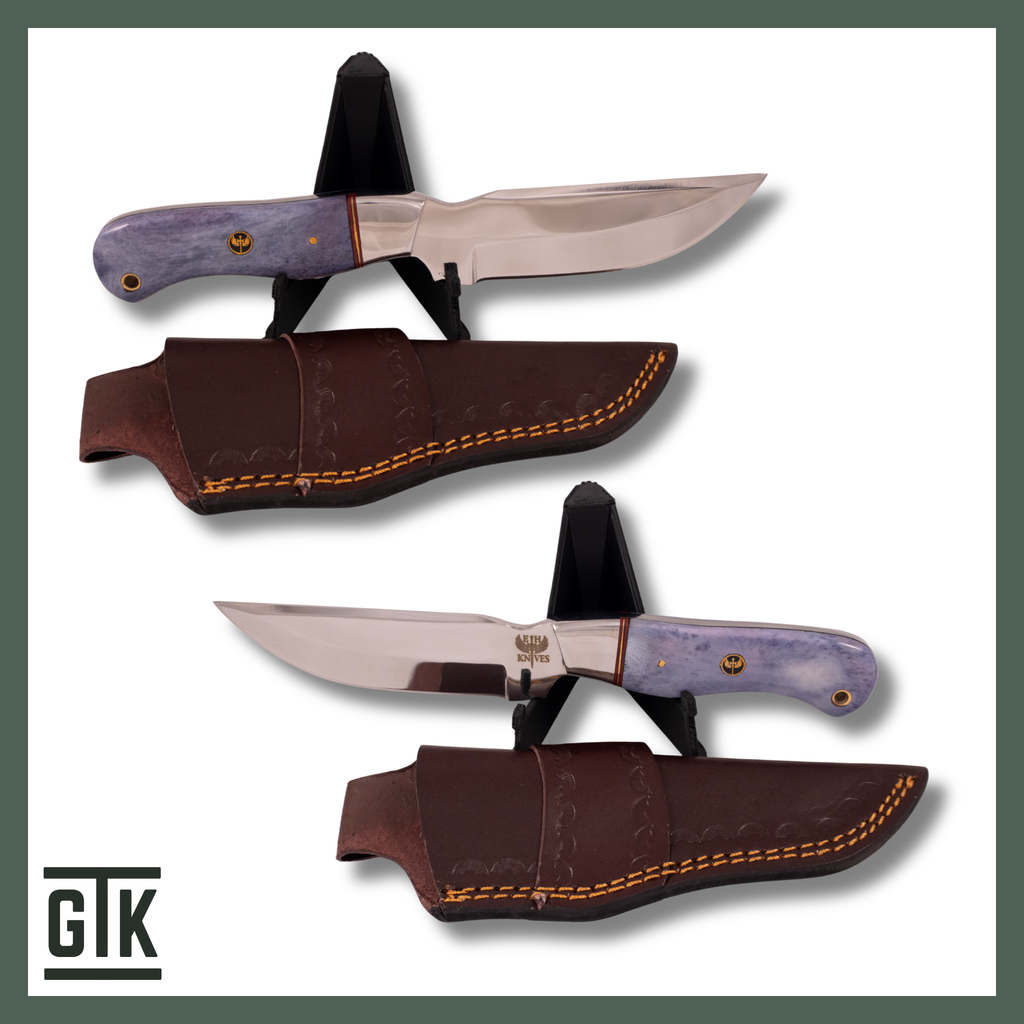 Big Bend fixed-blade knife with a red, white, and blue wooden Texas flag handle, patterned steel blade, and black sheath.