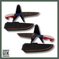 Big Bend Damascus steel fixed-blade knife with a red, white, and blue wooden Texas flag handle, Texas star pin, and black sheath.