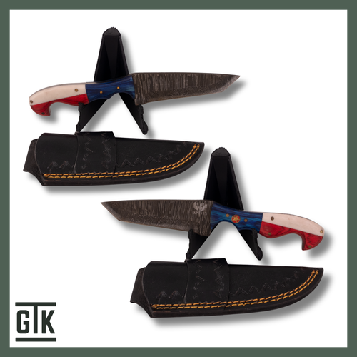 Big Bend Damascus steel fixed-blade knife with a red, white, and blue wooden Texas flag handle, Texas star pin, and black sheath.