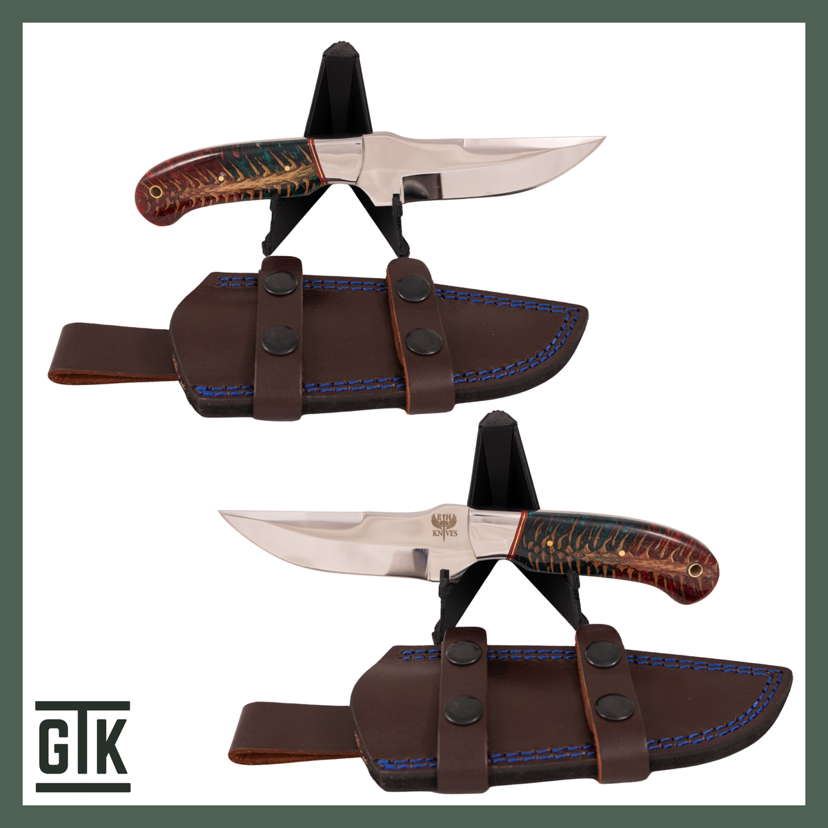 Los Padres Evergreen full-tang clip-point knife with a real pinecone spine set in green and brown resin and a blue-stitched brown sheath.