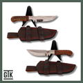 Los Padres full-tang fixed-blade knife with a polished straight-back blade, real pinecone suspended in amber-colored resin, and brown sheath.