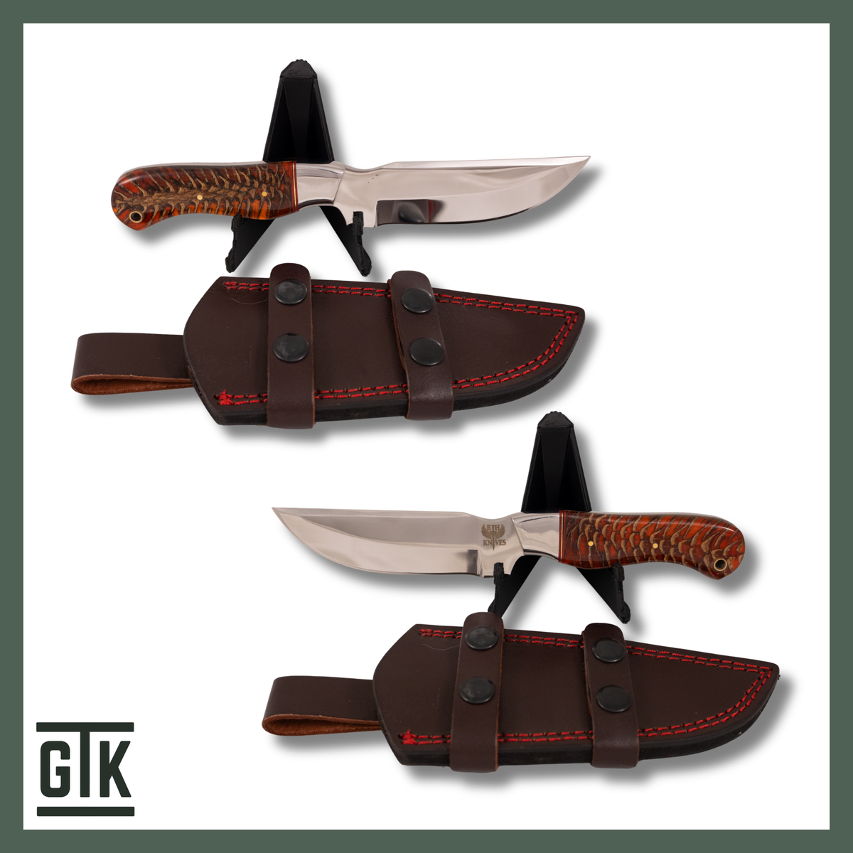 Los Padres full-tang fixed-blade knife with a polished straight-back blade, real pinecone suspended in amber-colored resin, and brown sheath.