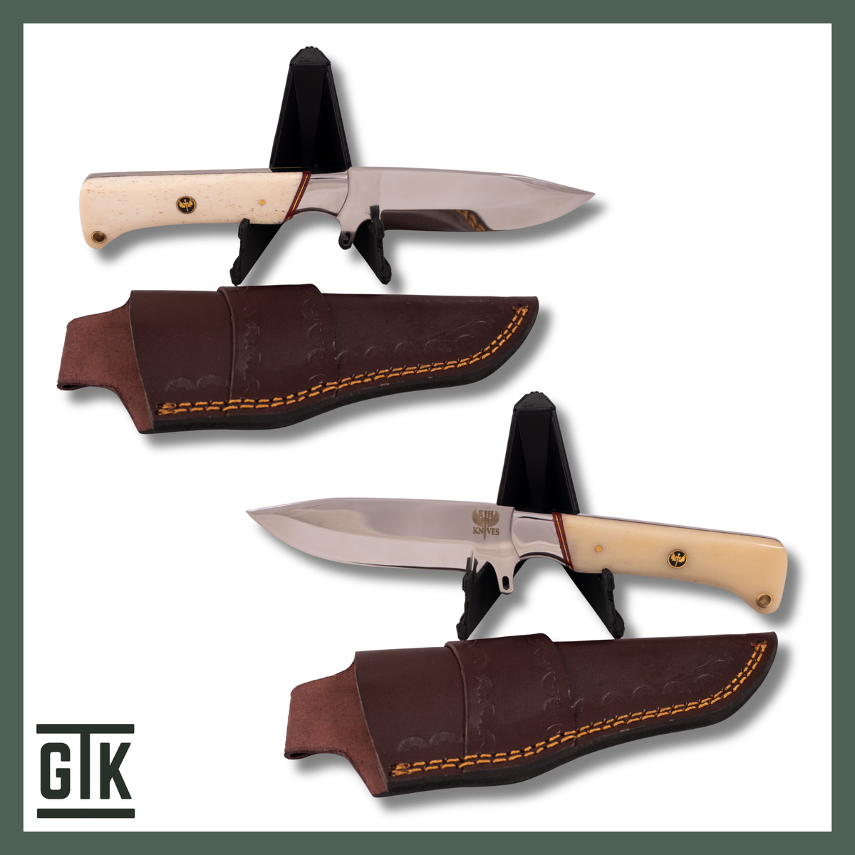 Discover White Sands, a full-tang fixed-blade knife with a natural camel bone handle, polished drop-point blade, decorative inlays, and fitted sheath.