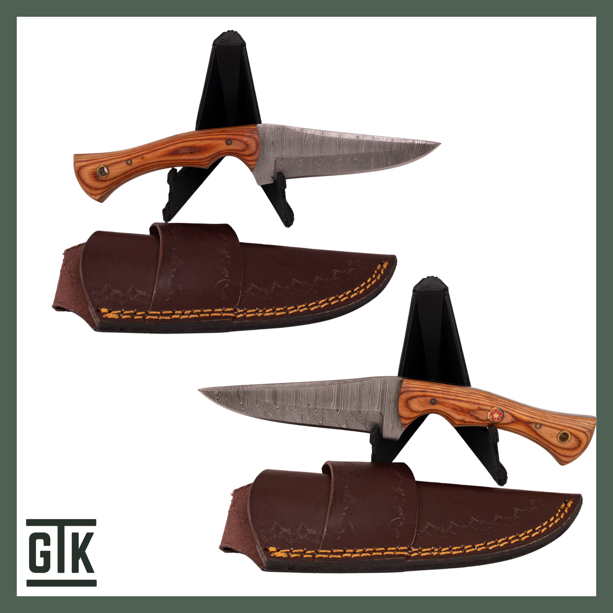 Trailhand Ranger full-tang Damascus knife with a long straight clip-point blade, slim contoured wood handle, mosaic pin, and brown sheath.