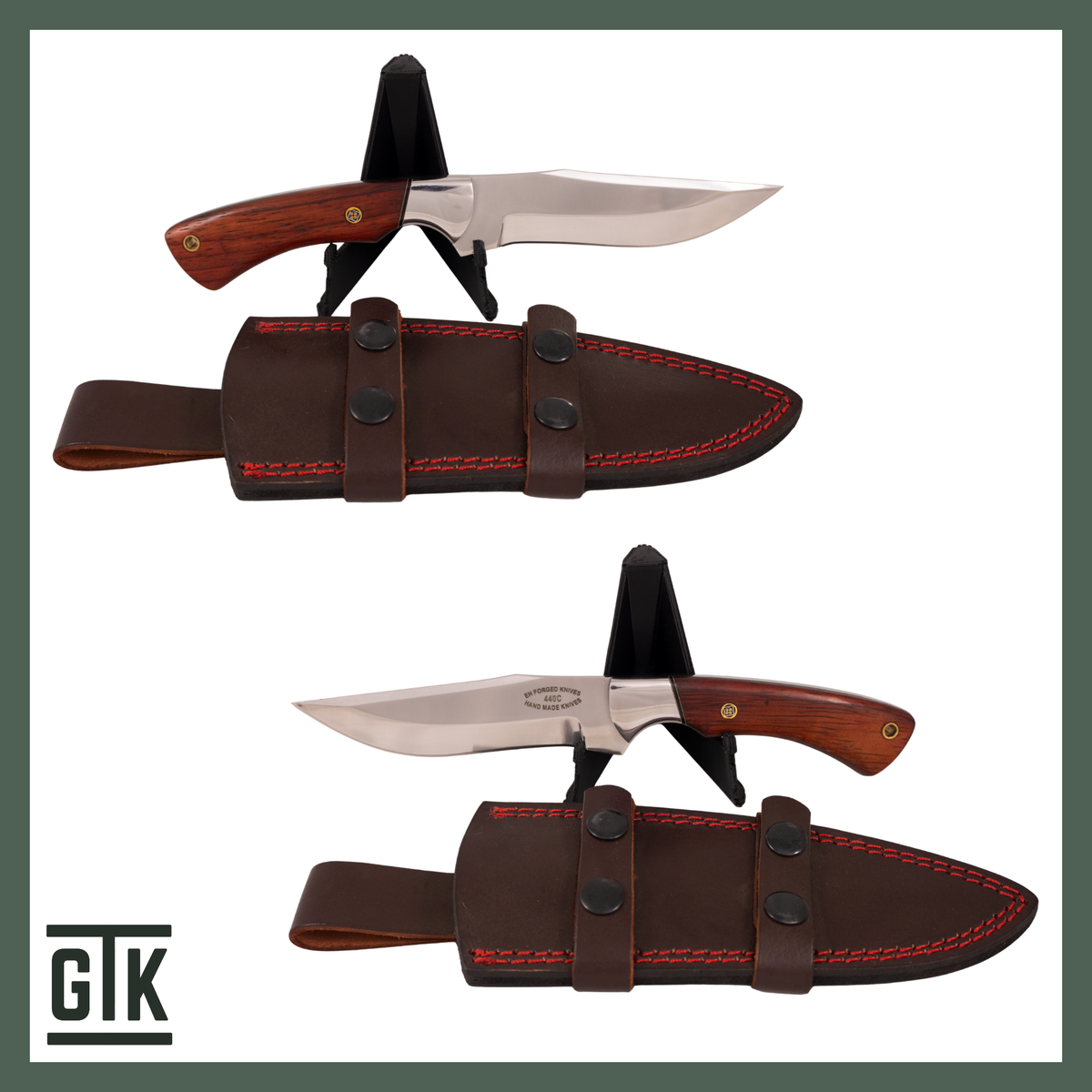 The Ranger Bowie full-tang fixed-blade knife with a polished 440C clip-point blade, reddish-brown wooden handle, and brown sheath.