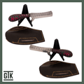 Painted Desert Razor full-tang fixed-blade knife with a broad polished blade, hammered details, bright red and green handle, and brown sheath.