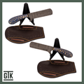Channel Islands straight-razor-style fixed-blade knife with Damascus steel, a blue-and-natural wave-pattern wood handle, and brown belt sheath.