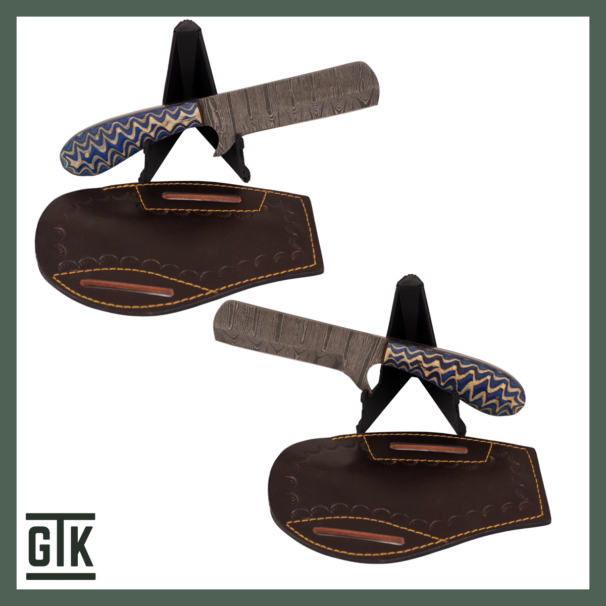 Channel Islands straight-razor-style fixed-blade knife with Damascus steel, a blue-and-natural wave-pattern wood handle, and brown belt sheath.