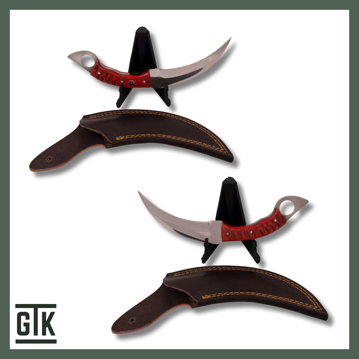 Antelope Canyon full-tang fixed-blade knife with an upswept Persian-style blade, carved deep red wooden handle, finger ring, and brown sheath.