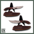 Painted Desert fixed-blade knife with a polished 440C stainless steel trailing-point blade, multicolored handle, and brown sheath.