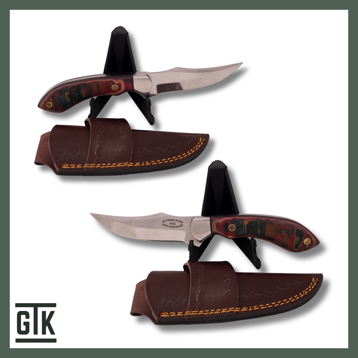 Painted Desert fixed-blade knife with a polished 440C stainless steel trailing-point blade, multicolored handle, and brown sheath.