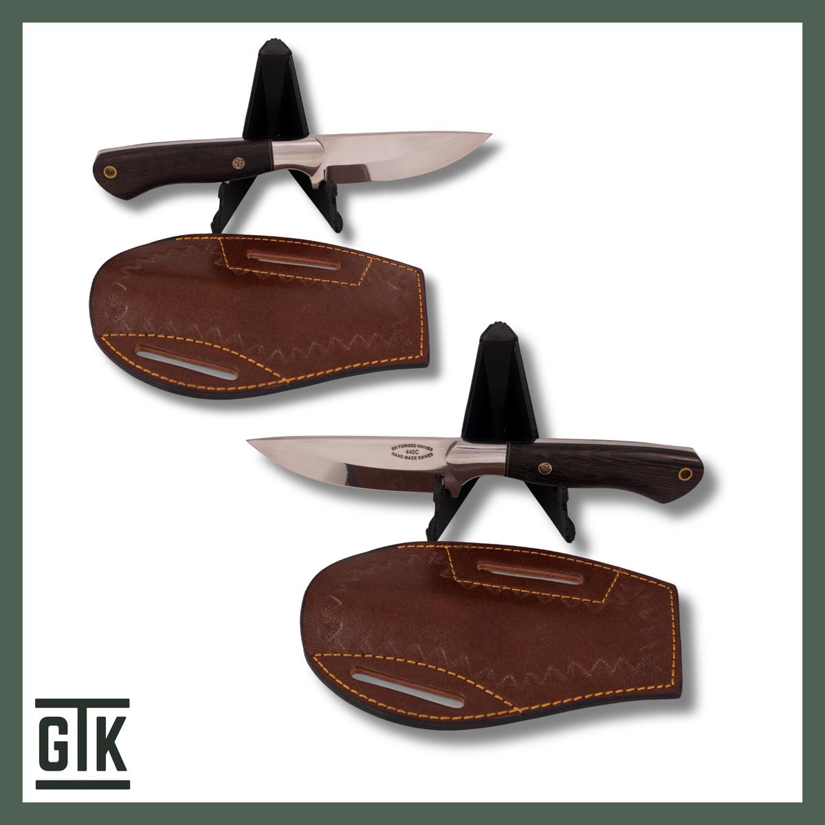 The Ranger full-tang fixed-blade knife with a polished 440C drop-point blade, dark wooden handle, mosaic pin, and fitted brown sheath.