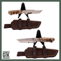 White Sands Burned full-tang tanto knife with a polished steel blade, blackened camel bone handle, brass-colored details, and brown sheath.