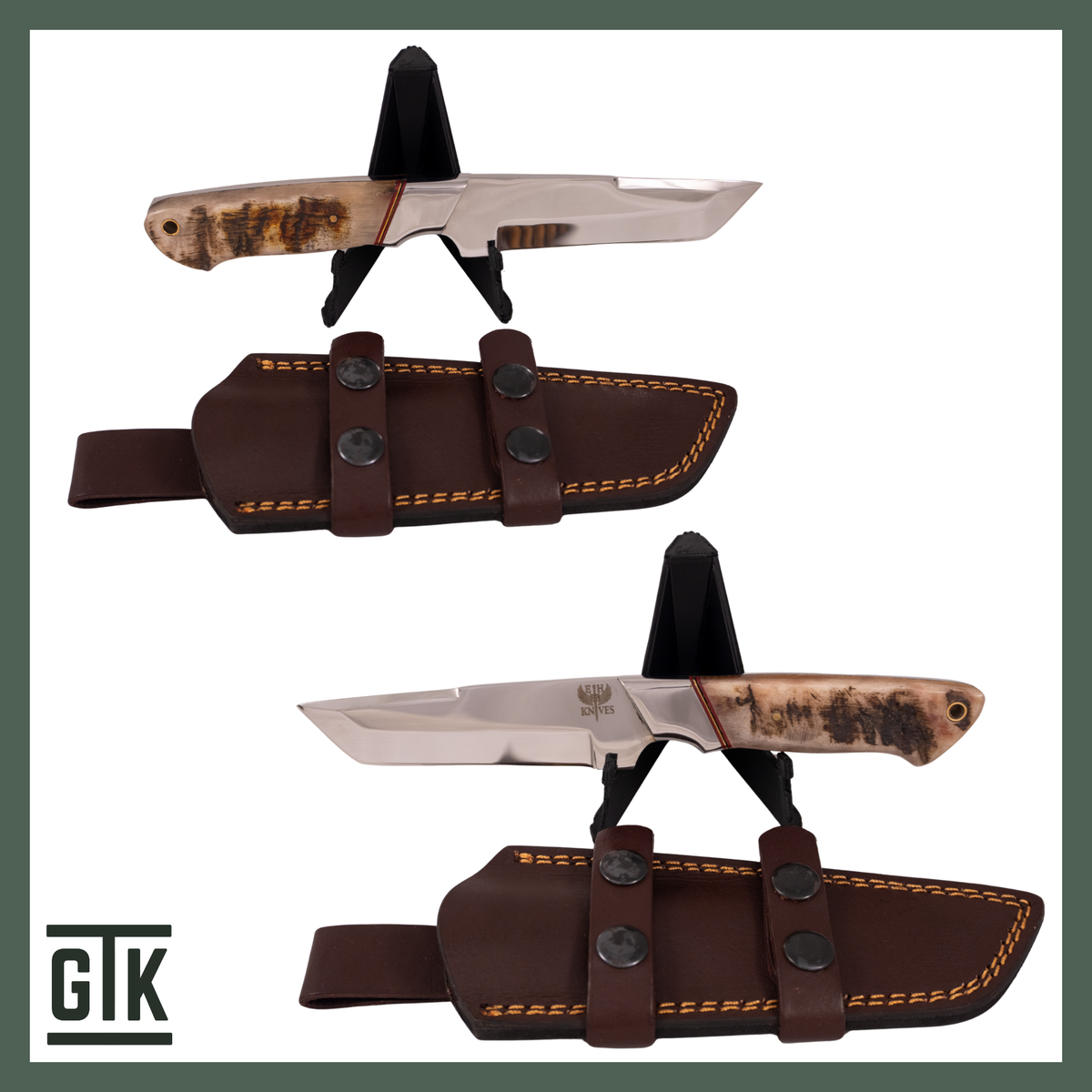 White Sands Burned full-tang tanto knife with a polished steel blade, blackened camel bone handle, brass-colored details, and brown sheath.